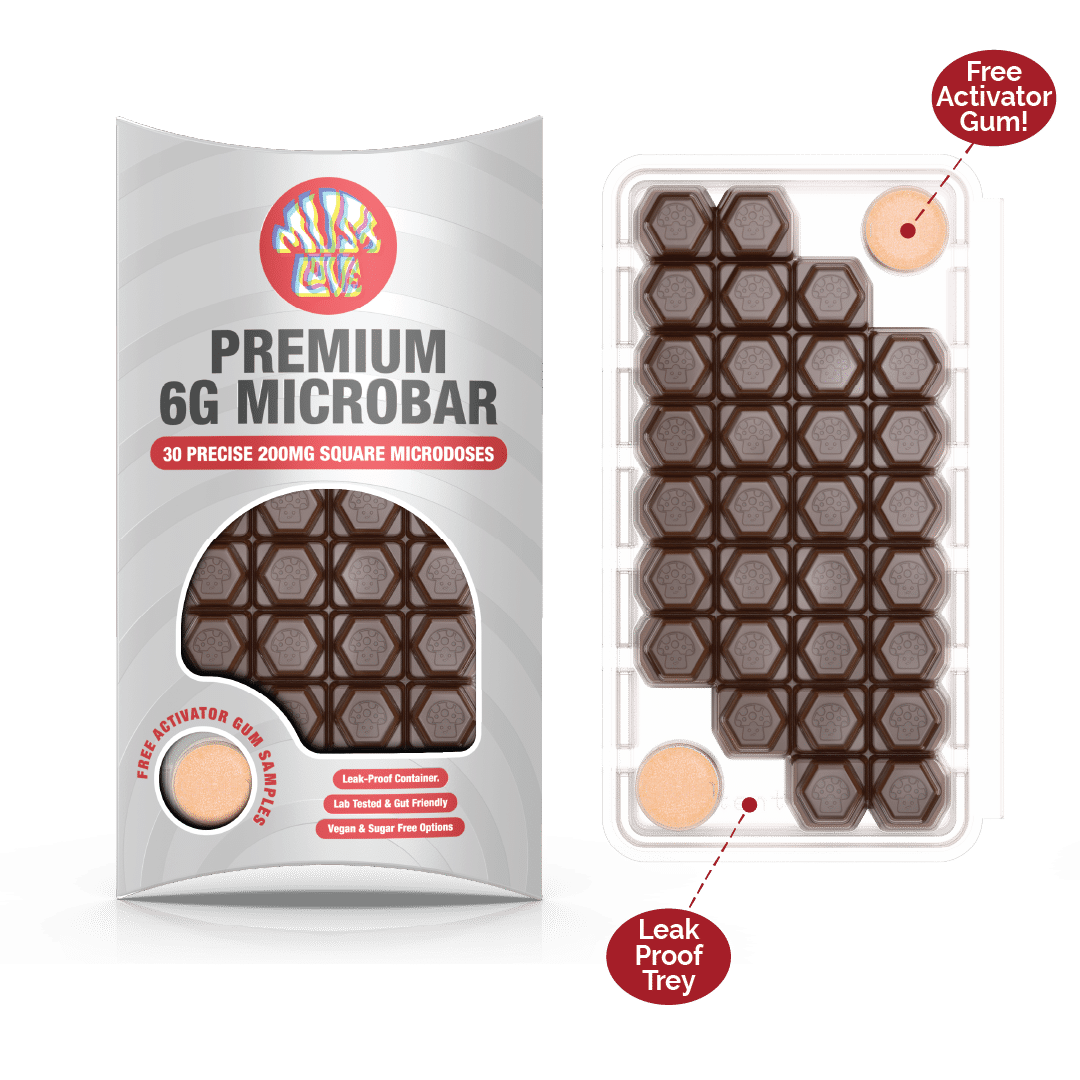 Microbars product image: a premium microdosing mushroom chocolate bar presented as a discreet, modern wellness edible, photographed like a luxury product with clean packaging and refined styling.